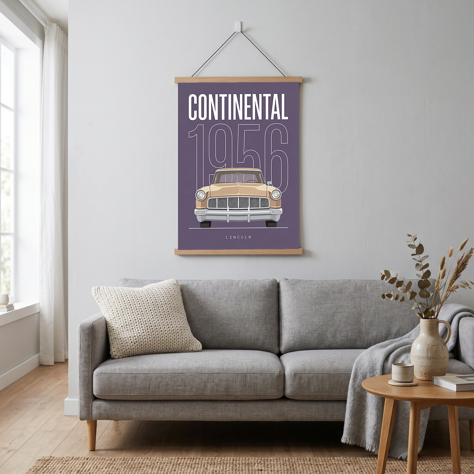 Lincoln Continental 1956 Minimalist Poster — Purple Classic Car Line Art