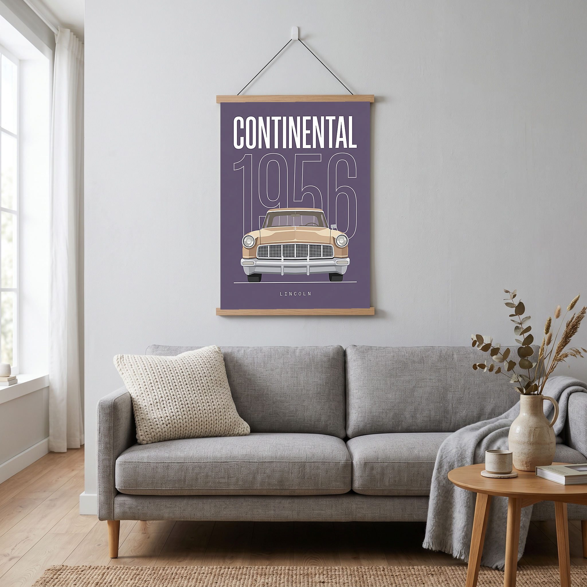 Lincoln Continental 1956 Minimalist Poster — Purple Classic Car Line Art