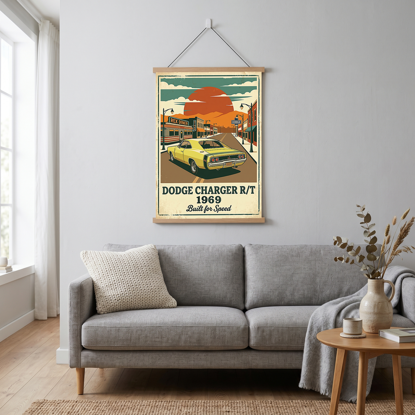 Dodge Charger R/T 1969 Yellow Edition — Vintage Muscle Diner Main Street Print