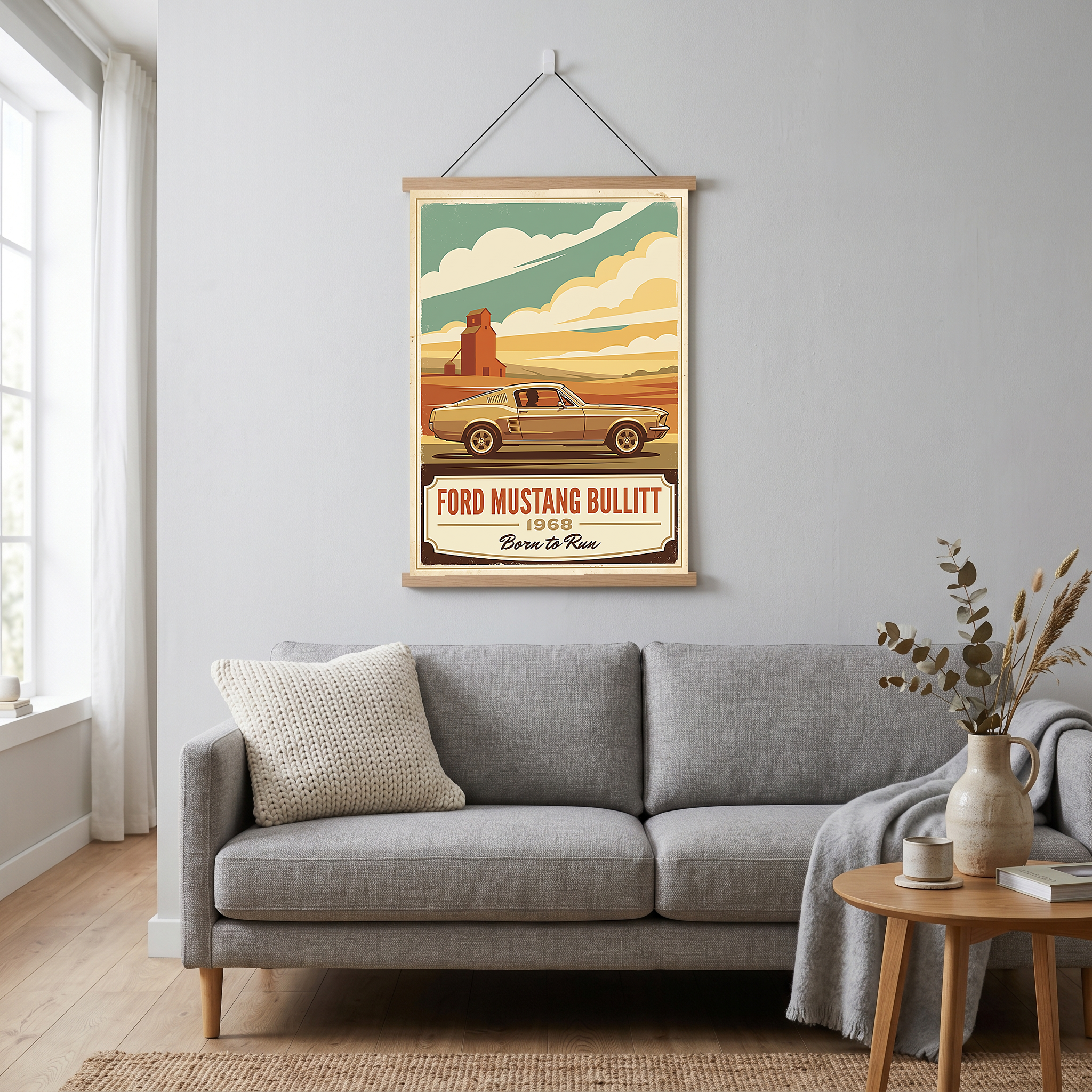 Ford Mustang Bullitt 1968 V2 Poster — Vintage Muscle Country Silo Print