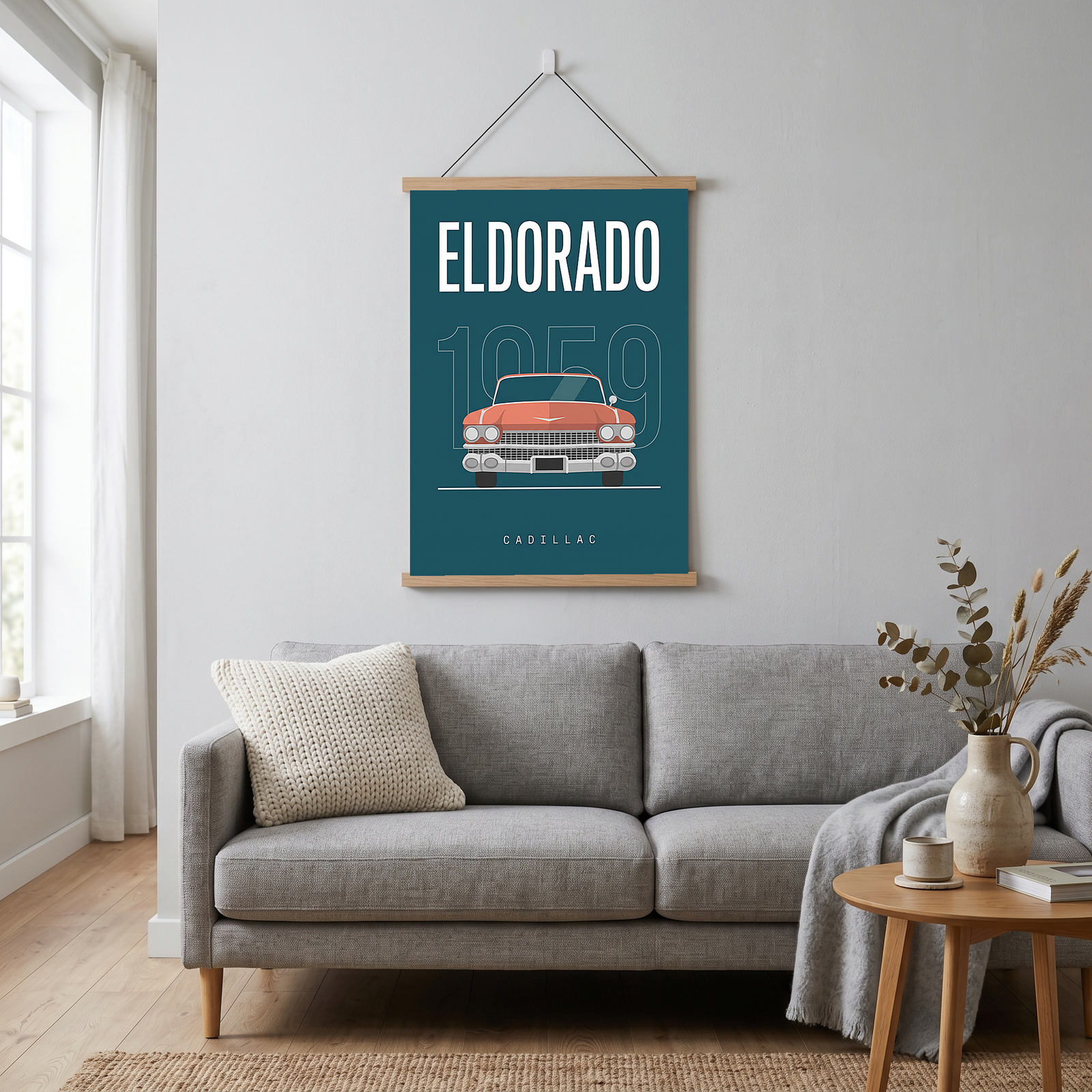 Cadillac Eldorado 1959 Minimalist Poster — Teal Tail-Fin Classic Line Art