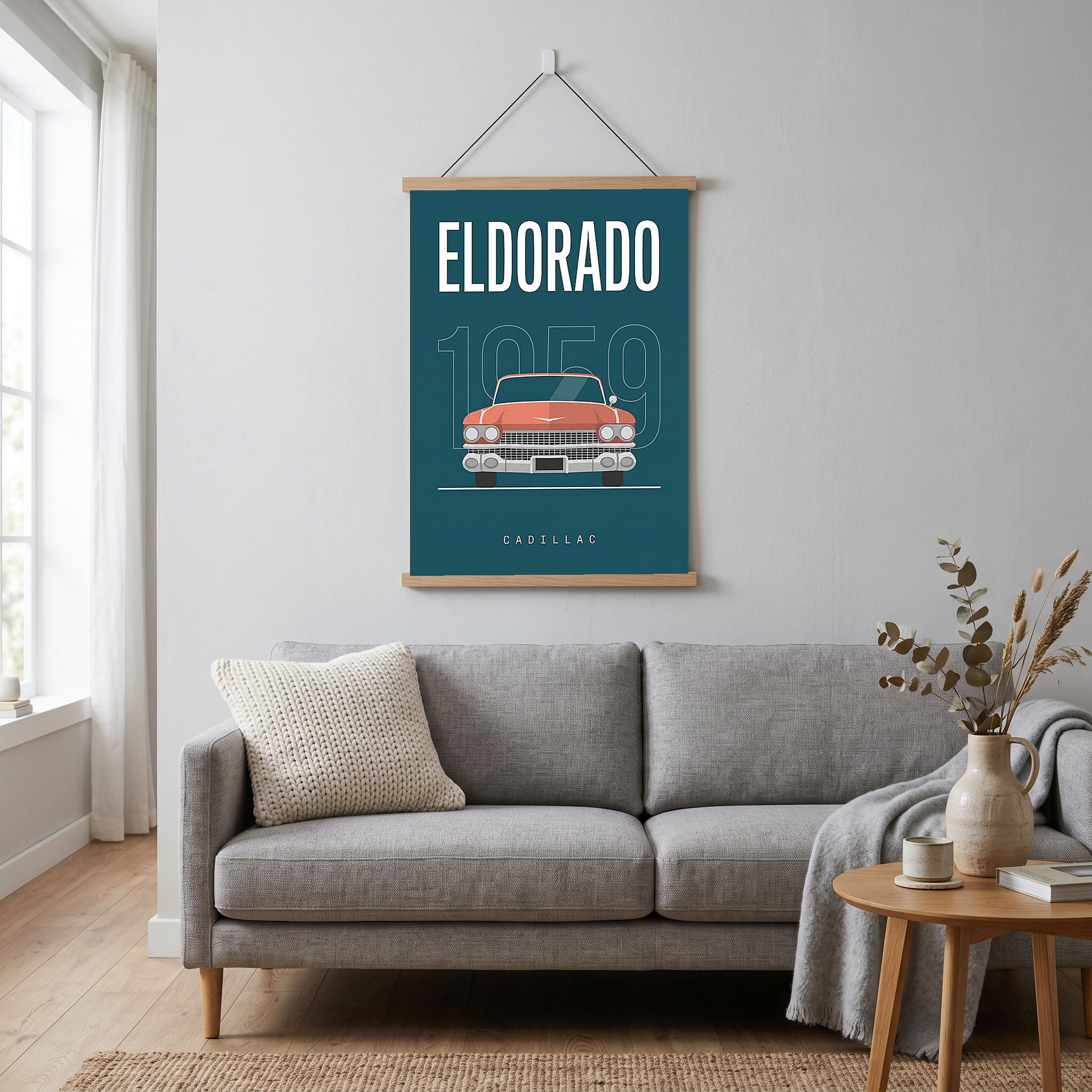 Cadillac Eldorado 1959 Minimalist Poster — Teal Tail-Fin Classic Line Art