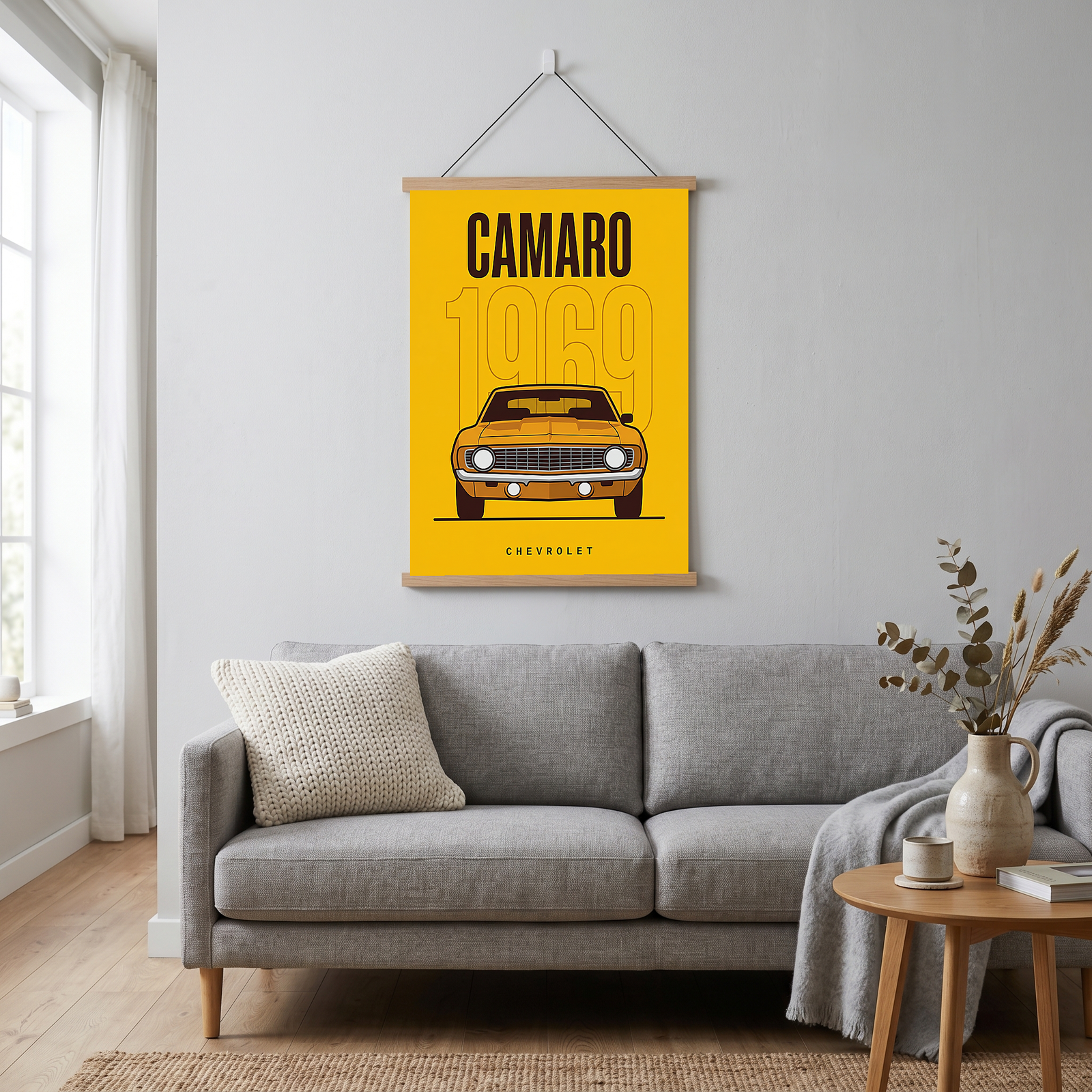 Chevrolet Camaro 1969 V2 Yellow Minimalist Poster — Muscle Car Line Art