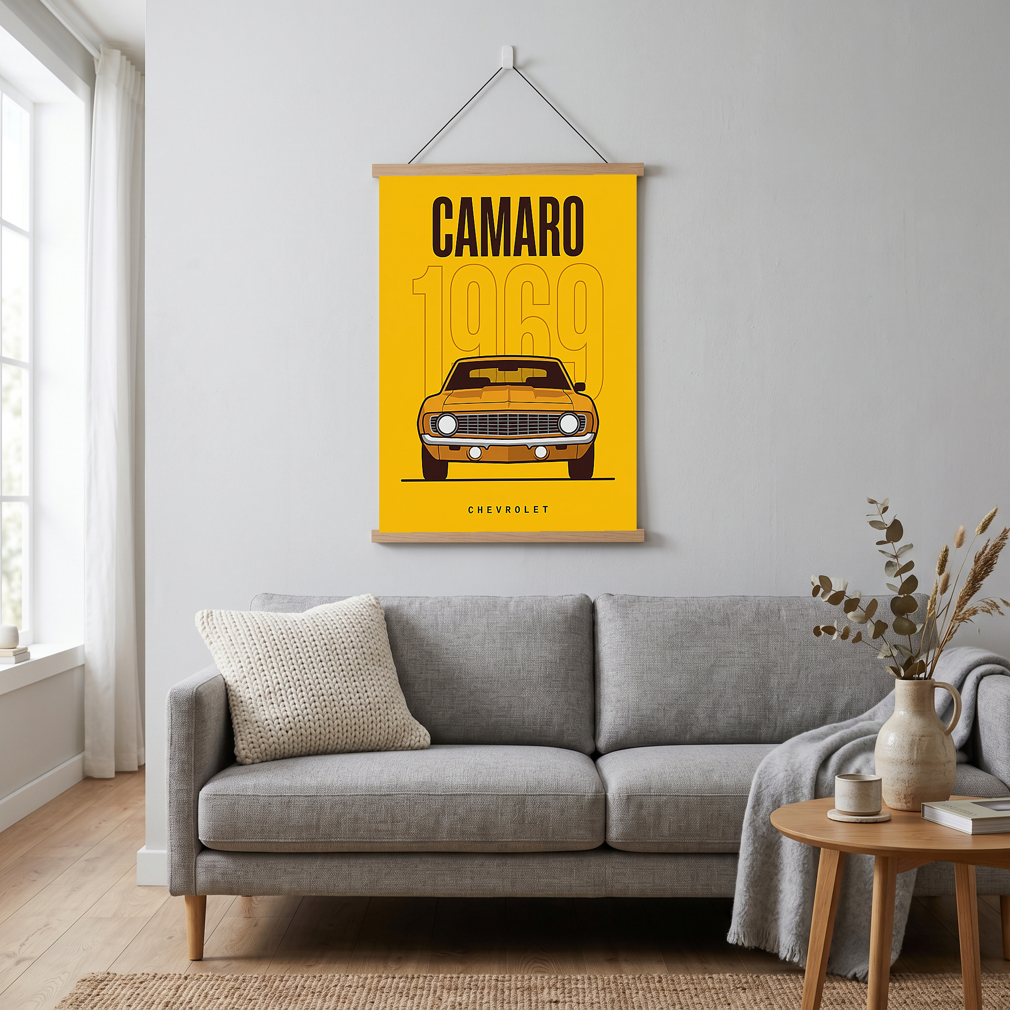 Chevrolet Camaro 1969 V2 Yellow Minimalist Poster — Muscle Car Line Art