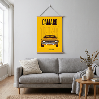 Chevrolet Camaro 1969 V2 Yellow Minimalist Poster — Muscle Car Line Art