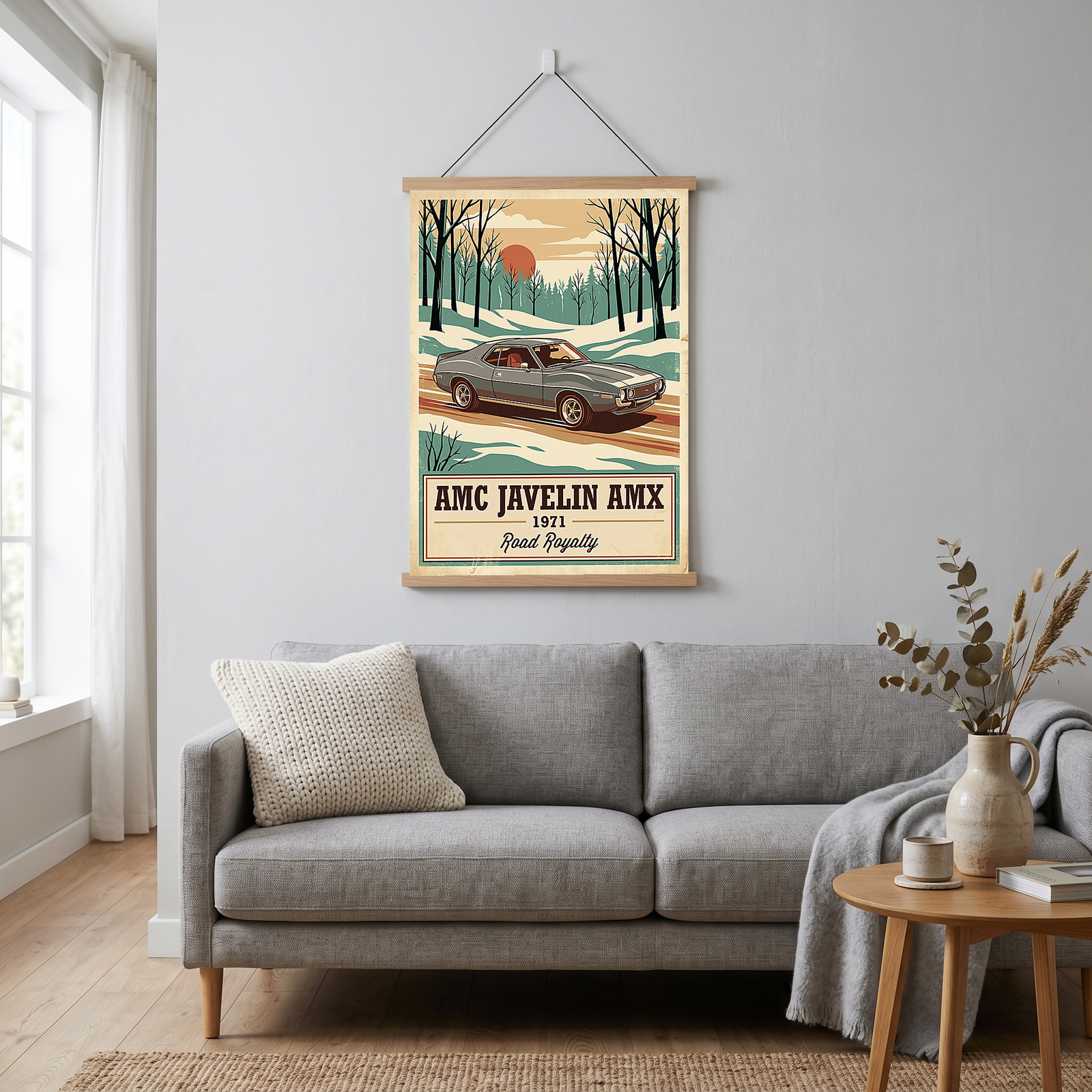 AMC Javelin AMX 1971 V2 Poster — Vintage Muscle Winter Snow Birch Forest Print
