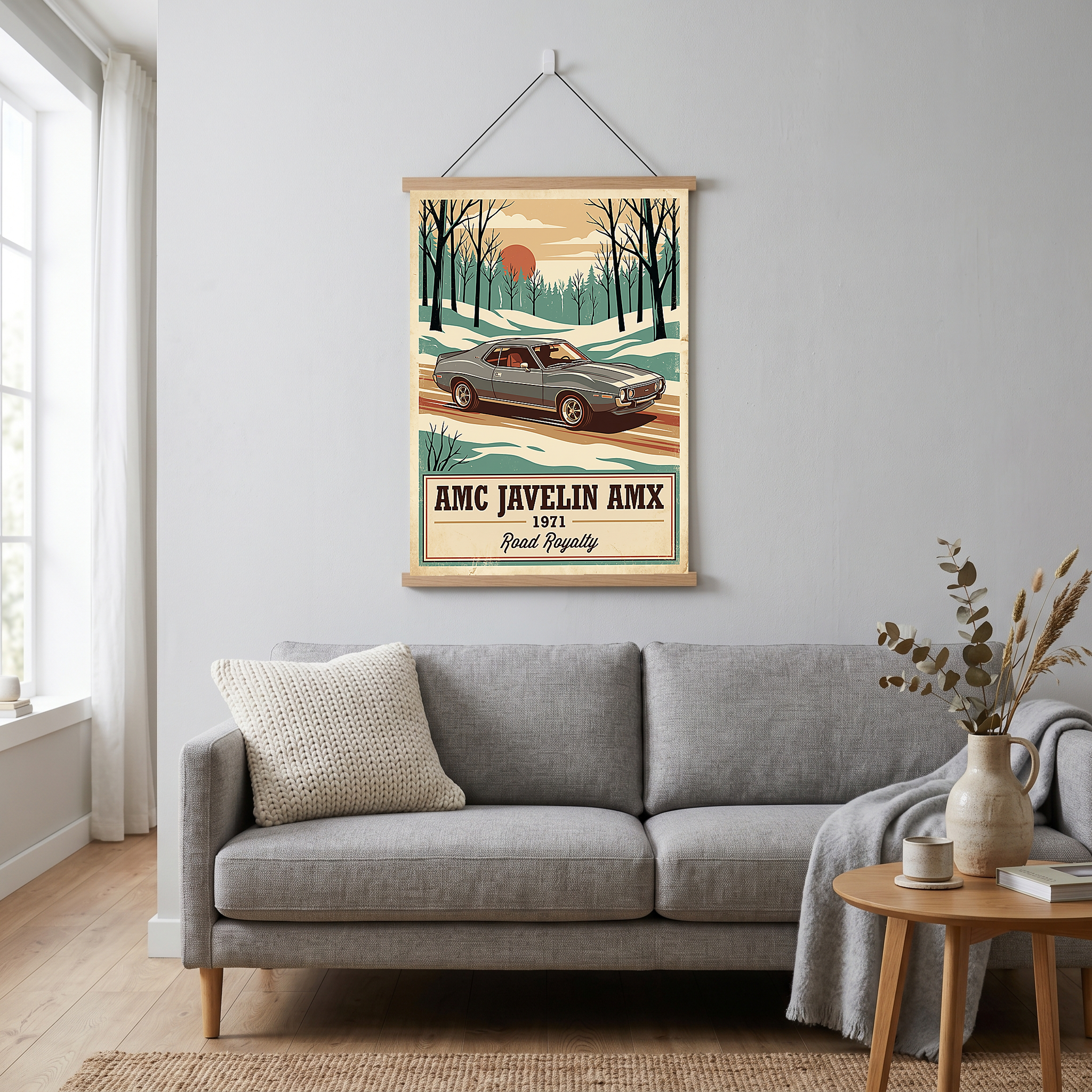 AMC Javelin AMX 1971 V2 Poster — Vintage Muscle Winter Snow Birch Forest Print