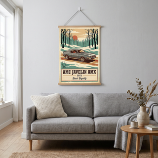 AMC Javelin AMX 1971 V2 Poster — Vintage Muscle Winter Snow Birch Forest Print