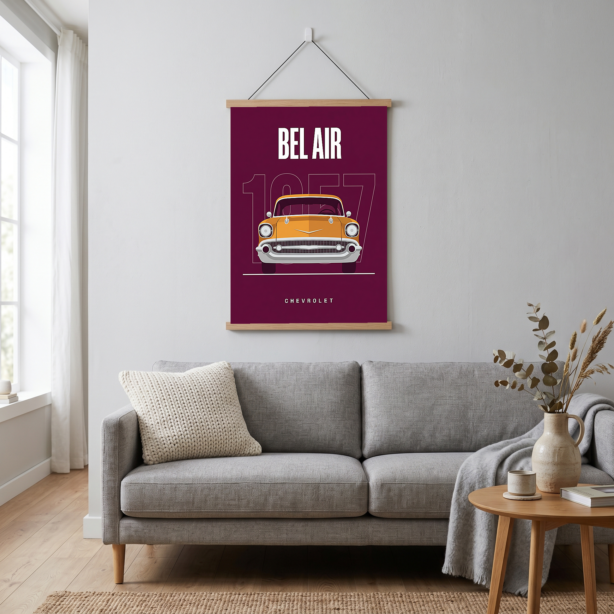 Chevrolet Bel Air 1957 Minimalist Poster — Burgundy Classic Car Line Art