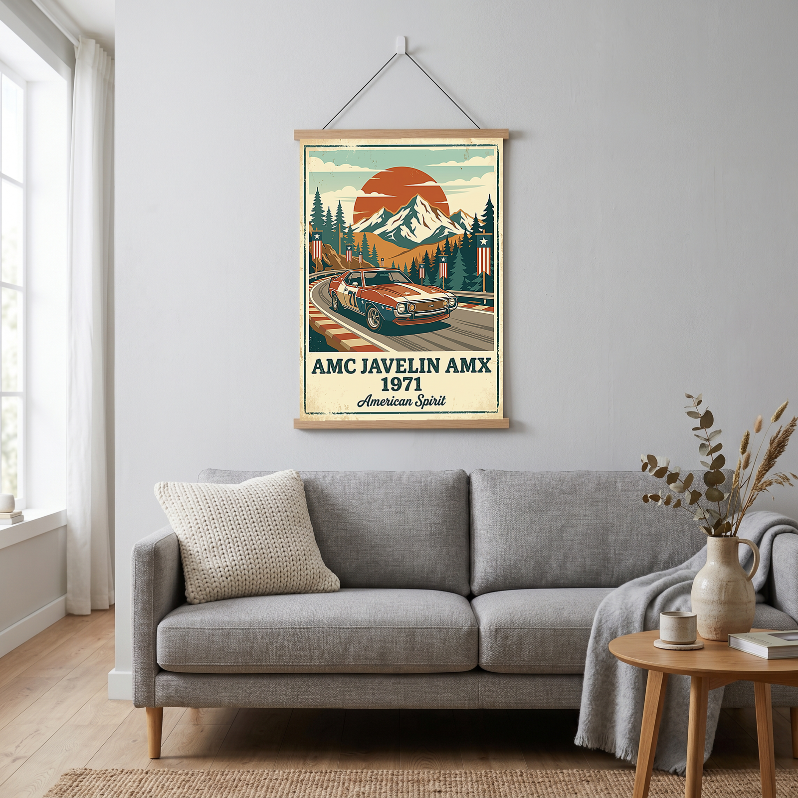 AMC Javelin AMX 1971 Poster — Vintage Muscle Car Race Track Mountain Print