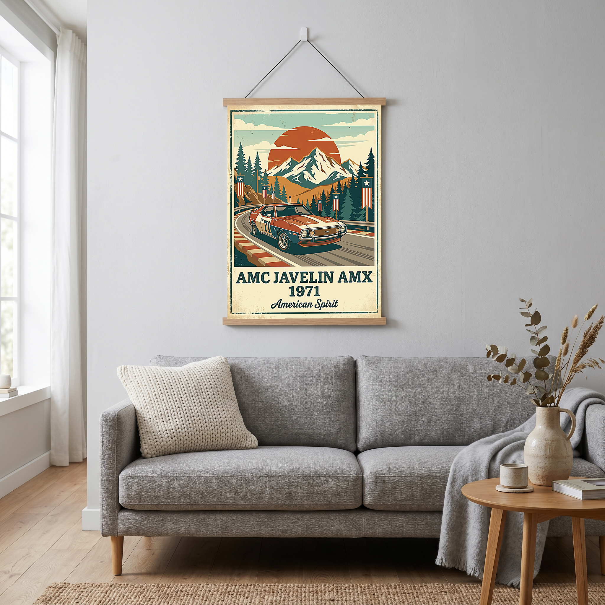 AMC Javelin AMX 1971 Poster — Vintage Muscle Car Race Track Mountain Print