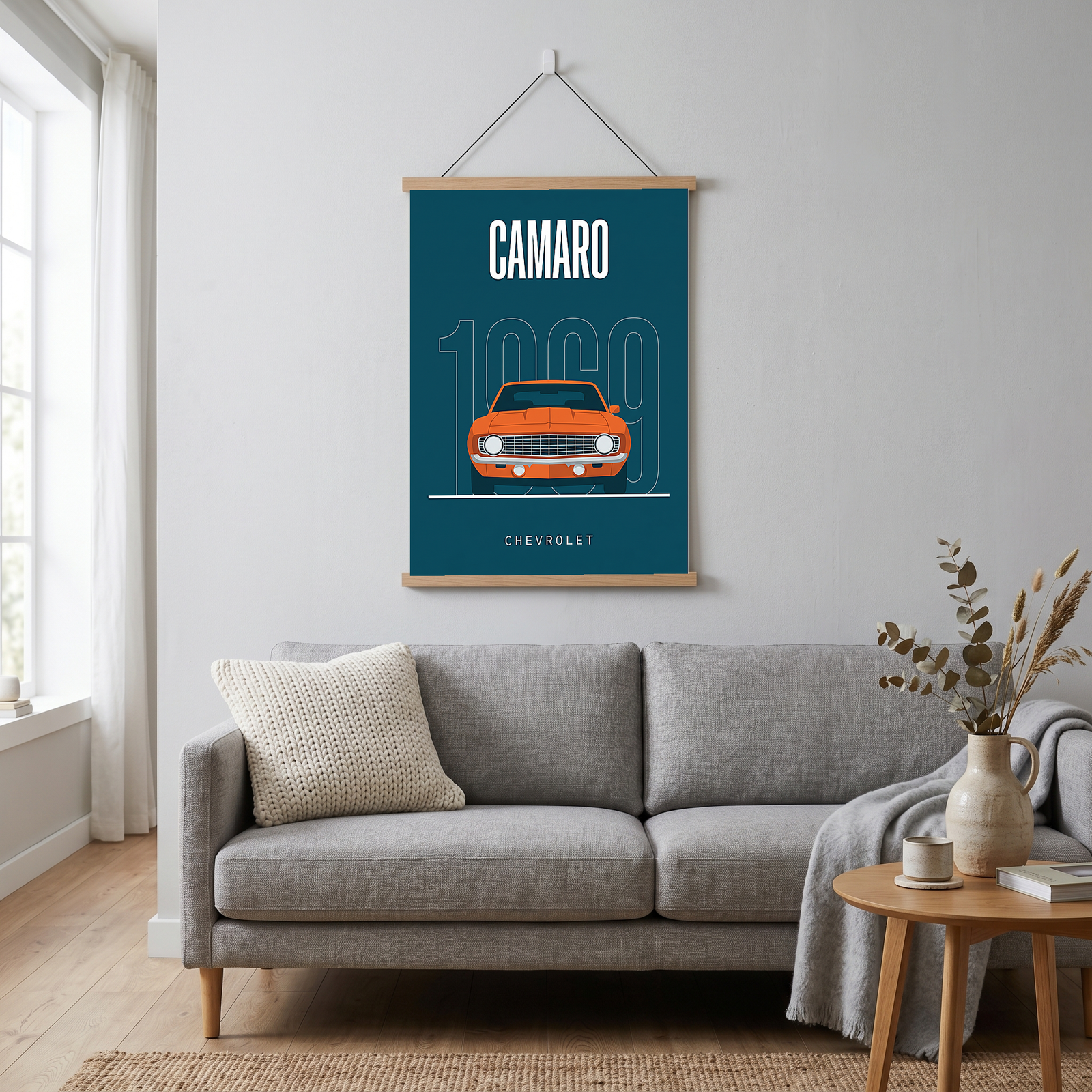 Chevrolet Camaro 1969 Minimalist Poster — Teal Muscle Car Line Art