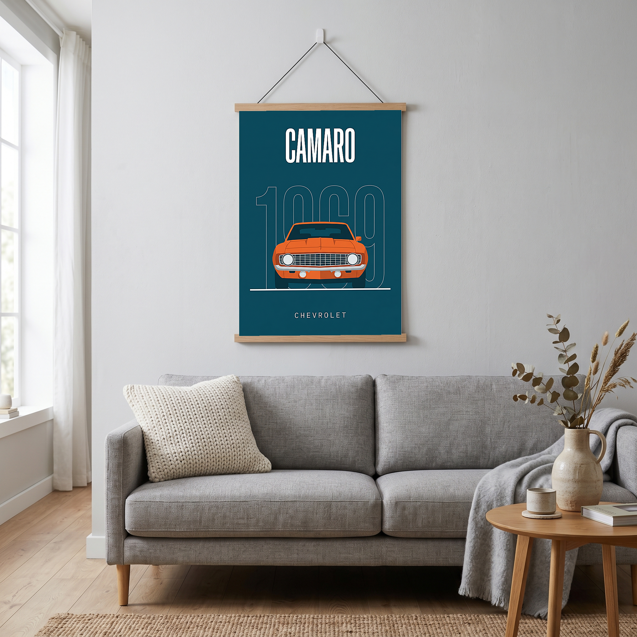 Chevrolet Camaro 1969 Minimalist Poster — Teal Muscle Car Line Art