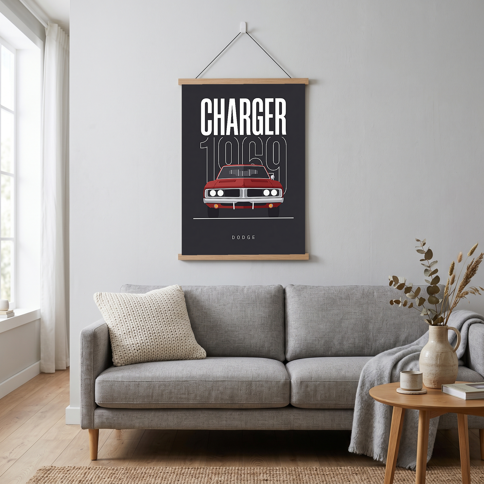 Dodge Charger 1969 V2 Charcoal Minimalist Poster — Muscle Car Line Art