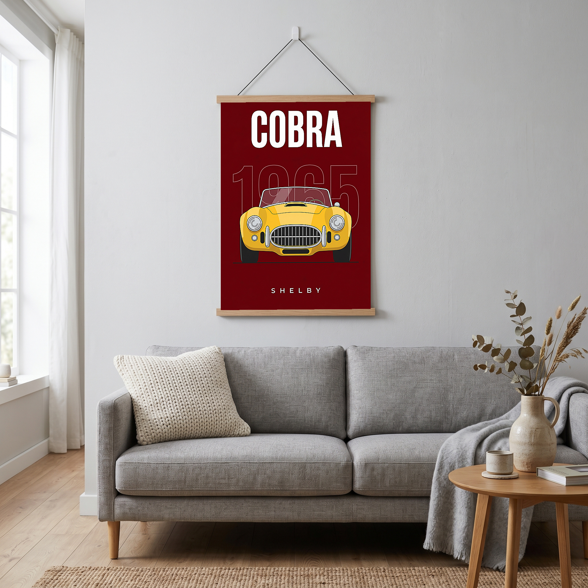 Shelby Cobra 1965 Minimalist Poster — Burgundy Roadster Line Art