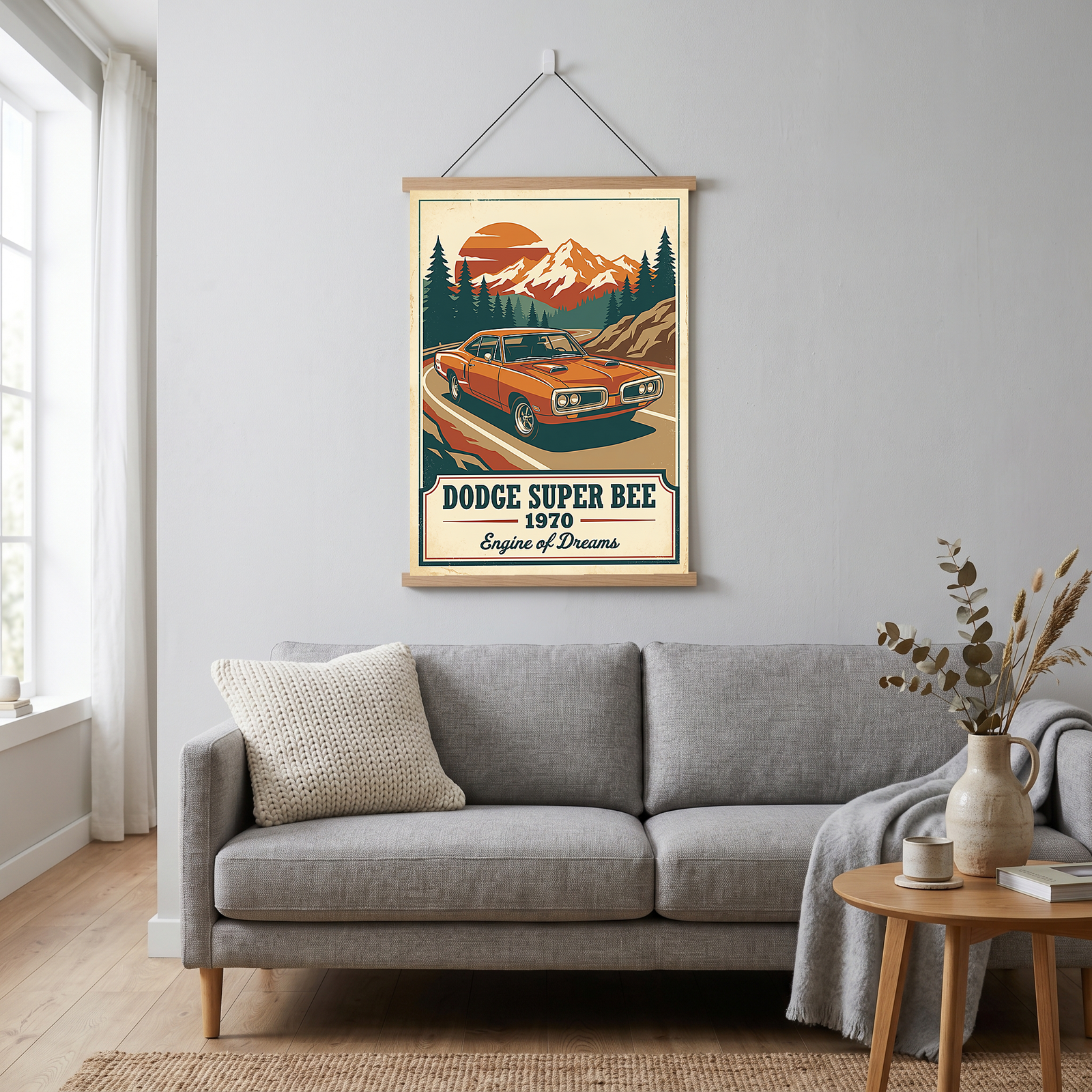 Dodge Super Bee 1970 V2 Poster — Vintage Muscle Mountain Pine Sunset Print