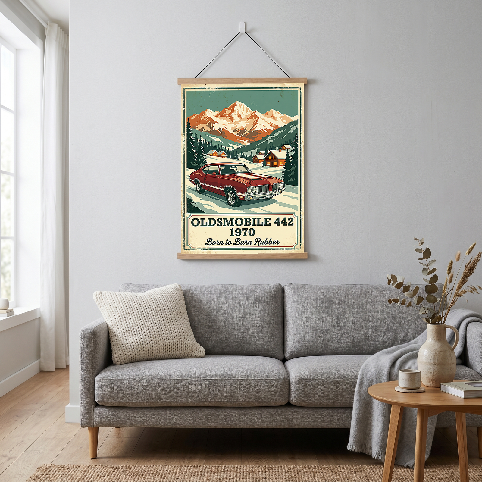 Oldsmobile 442 1970 V2 Poster — Vintage Muscle Winter Alpine Village Print