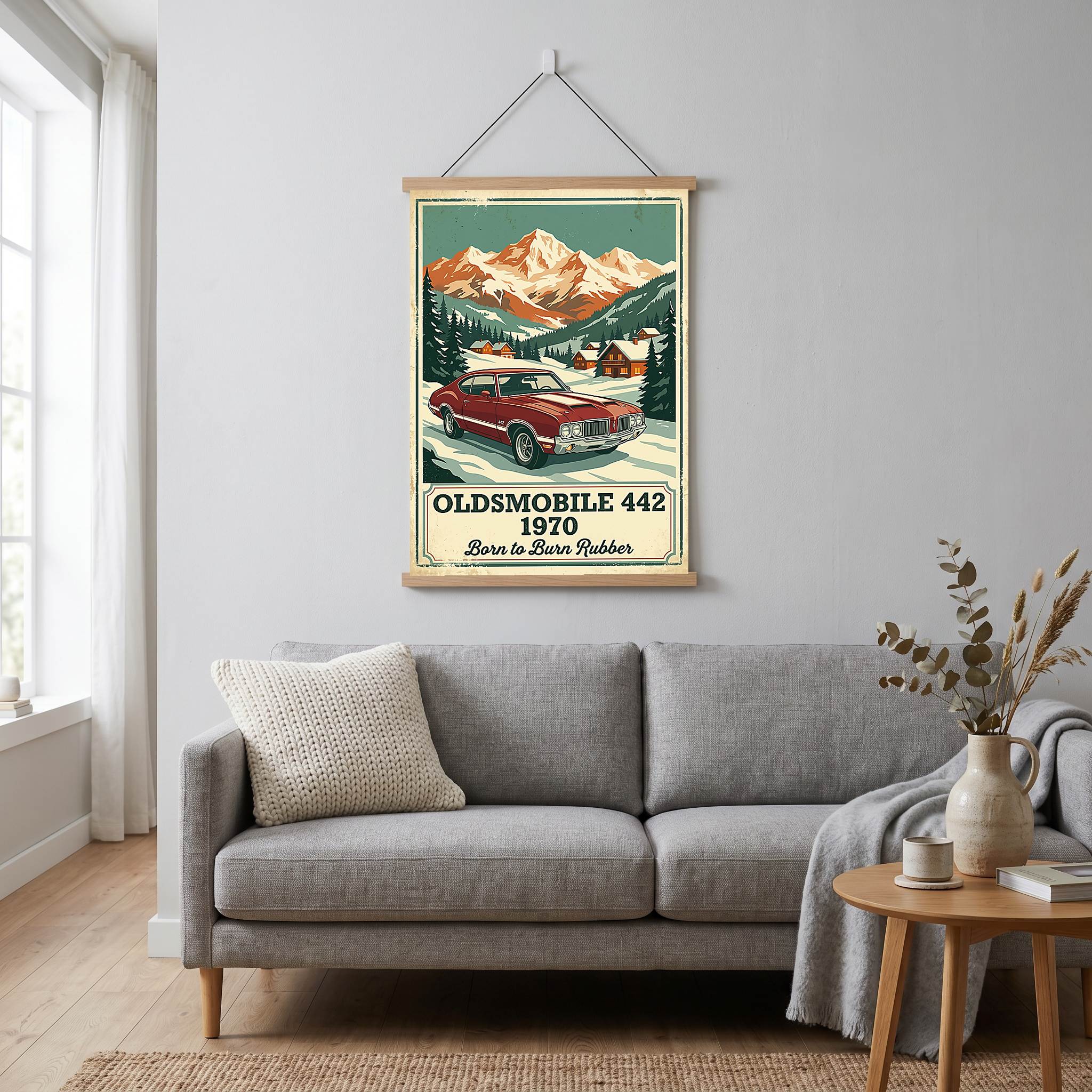 Oldsmobile 442 1970 V2 Poster — Vintage Muscle Winter Alpine Village Print