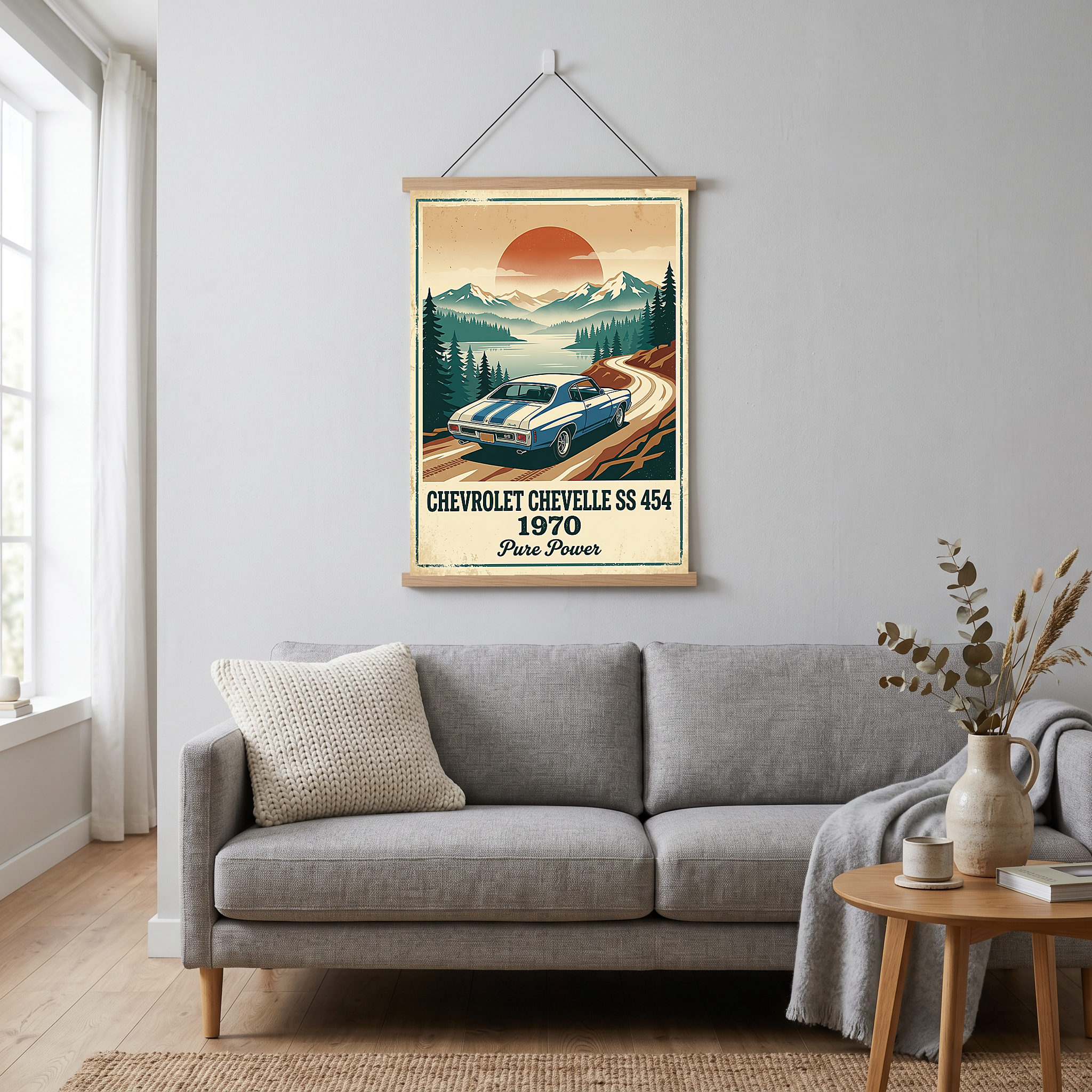 Chevrolet Chevelle SS 454 1970 Sky Blue Poster — Vintage Muscle Car Mountain Lake Print