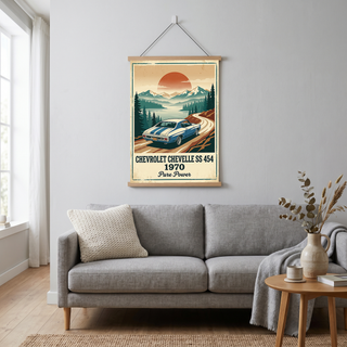 Chevrolet Chevelle SS 454 1970 Sky Blue Poster — Vintage Muscle Car Mountain Lake Print
