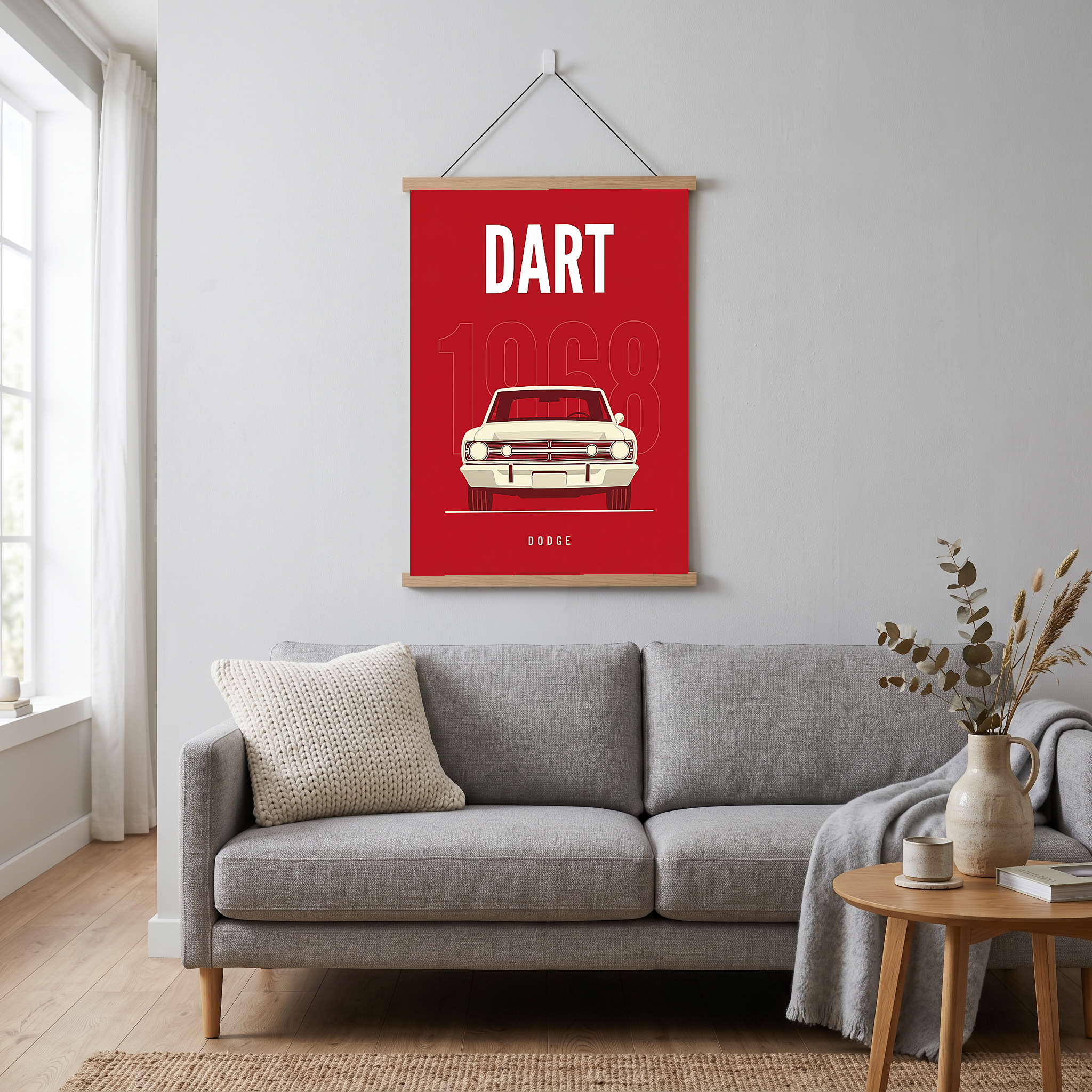 Dodge Dart 1968 Minimalist Poster — Ivory on Cherry Red Muscle Line Art