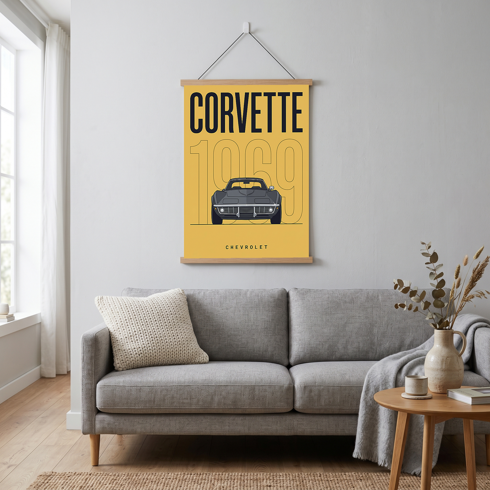 Chevrolet Corvette 1969 V2 Yellow Minimalist Poster — Muscle Car Line Art