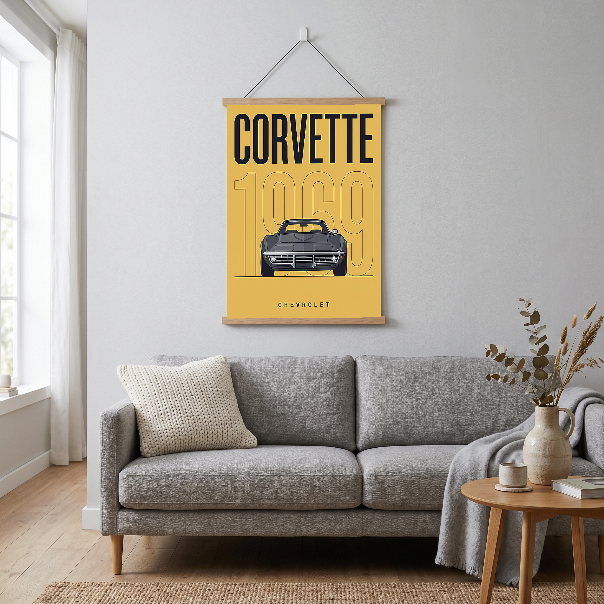Chevrolet Corvette 1969 V2 Yellow Minimalist Poster — Muscle Car Line Art