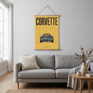 Chevrolet Corvette 1969 V2 Yellow Minimalist Poster — Muscle Car Line Art
