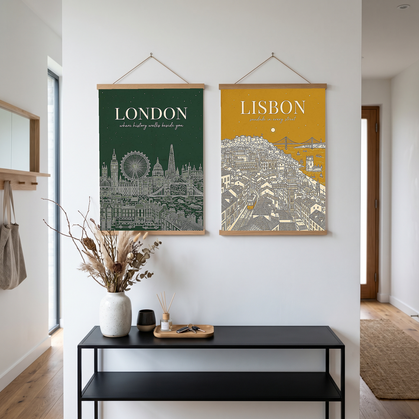 London Line Art Print — Forest Green Big Ben London Eye Skyline Wall Art