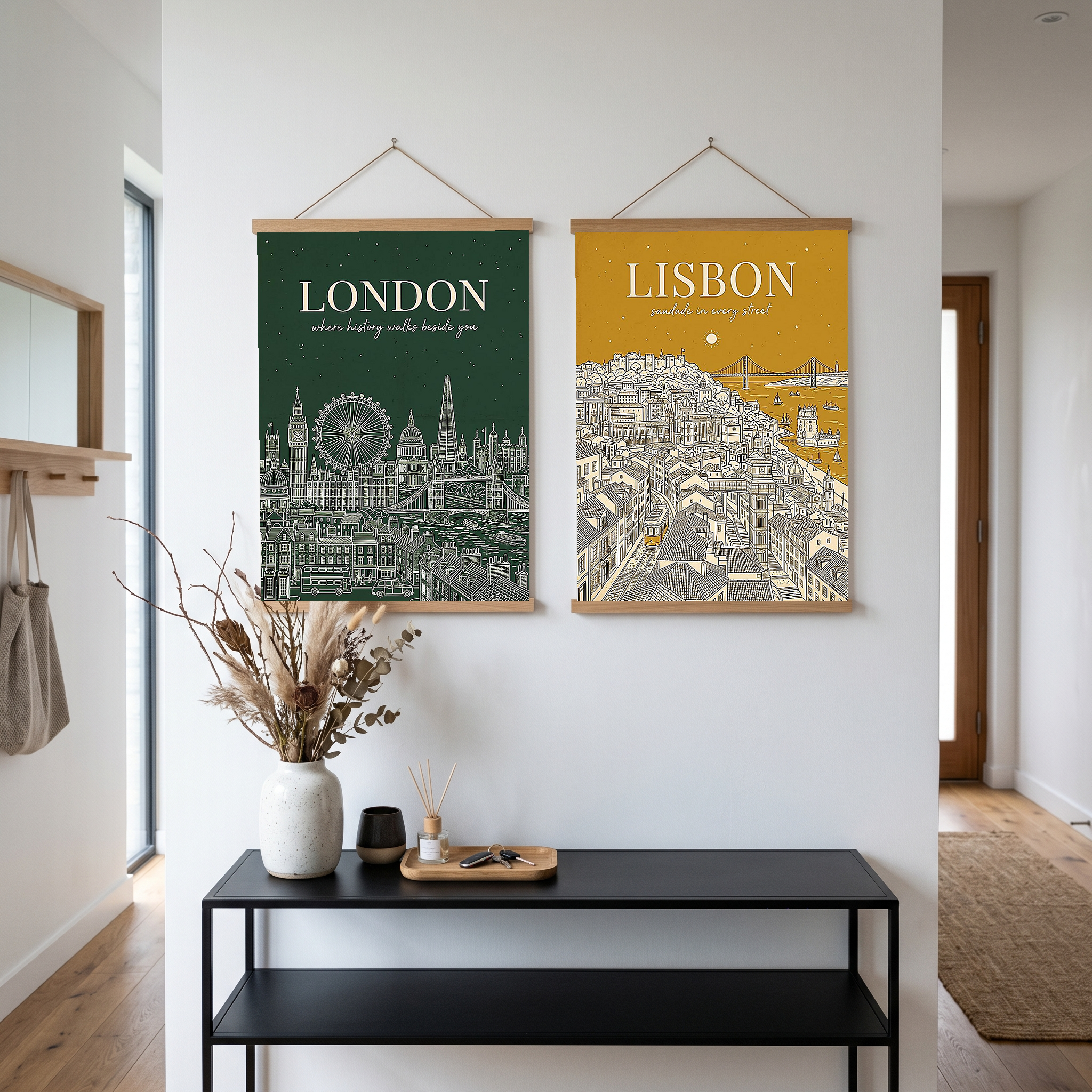 London Line Art Print — Forest Green Big Ben London Eye Skyline Wall Art