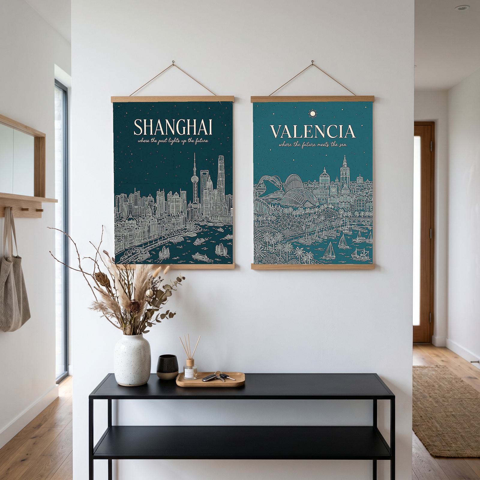 Shanghai Line Art Print — Teal Oriental Pearl Tower The Bund Skyline Wall Art