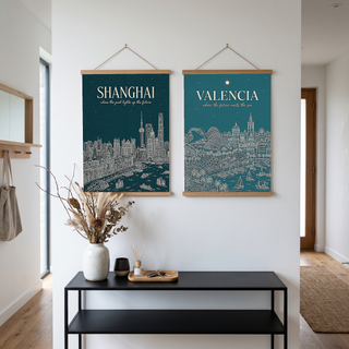 Shanghai Line Art Print — Teal Oriental Pearl Tower The Bund Skyline Wall Art