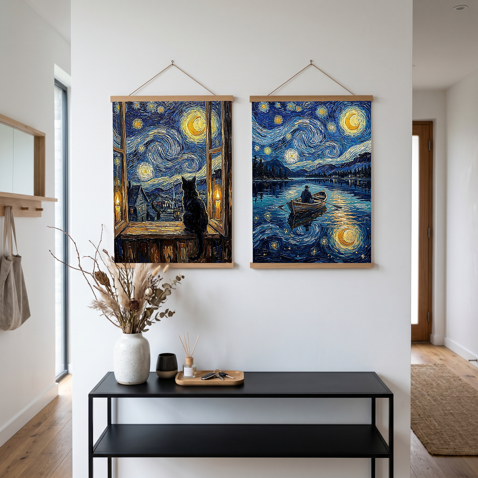 Black Cat Window Print — Van Gogh Starry Night Cozy Cottage Wall Art