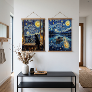 Black Cat Window Print — Van Gogh Starry Night Cozy Cottage Wall Art