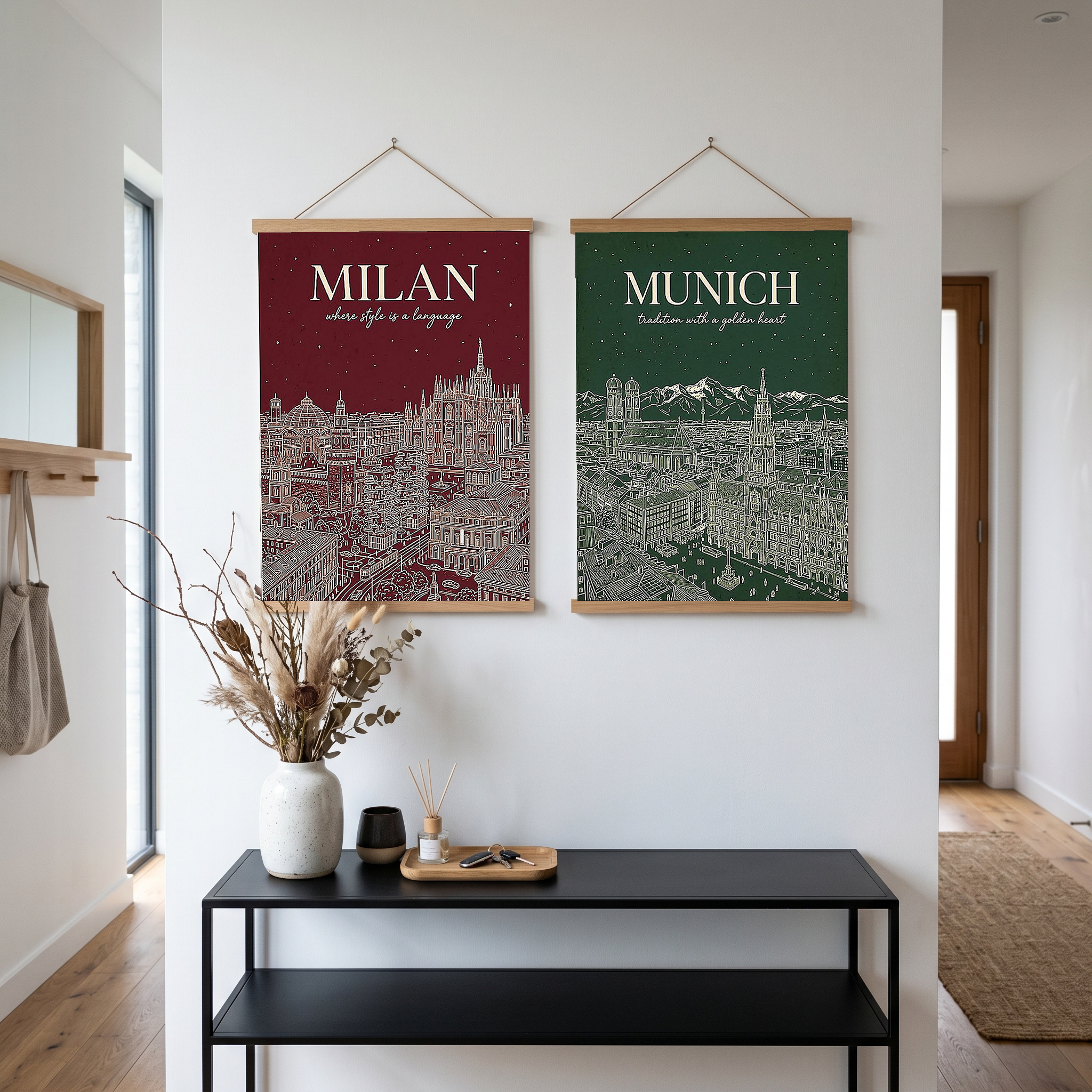 Milan Line Art Print — Wine Red Duomo Skyline Wall Art