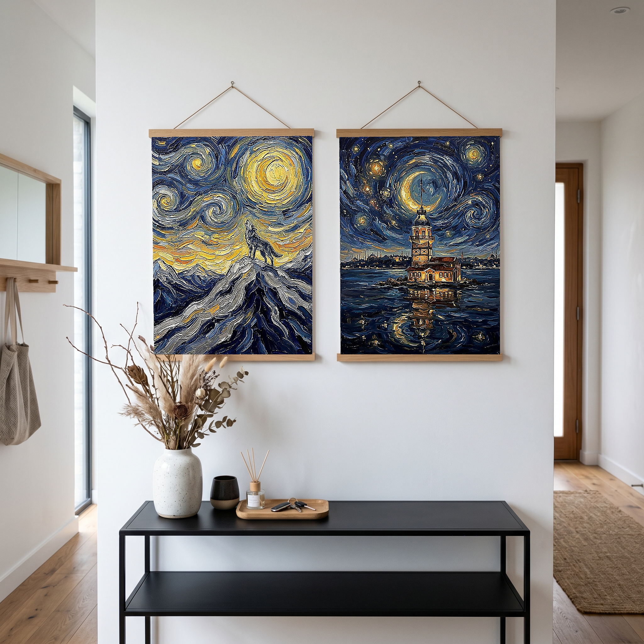 Lone Wolf Howling Mountain Peak Print — Van Gogh Starry Night Wall Art