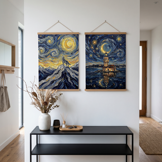 Lone Wolf Howling Mountain Peak Print — Van Gogh Starry Night Wall Art