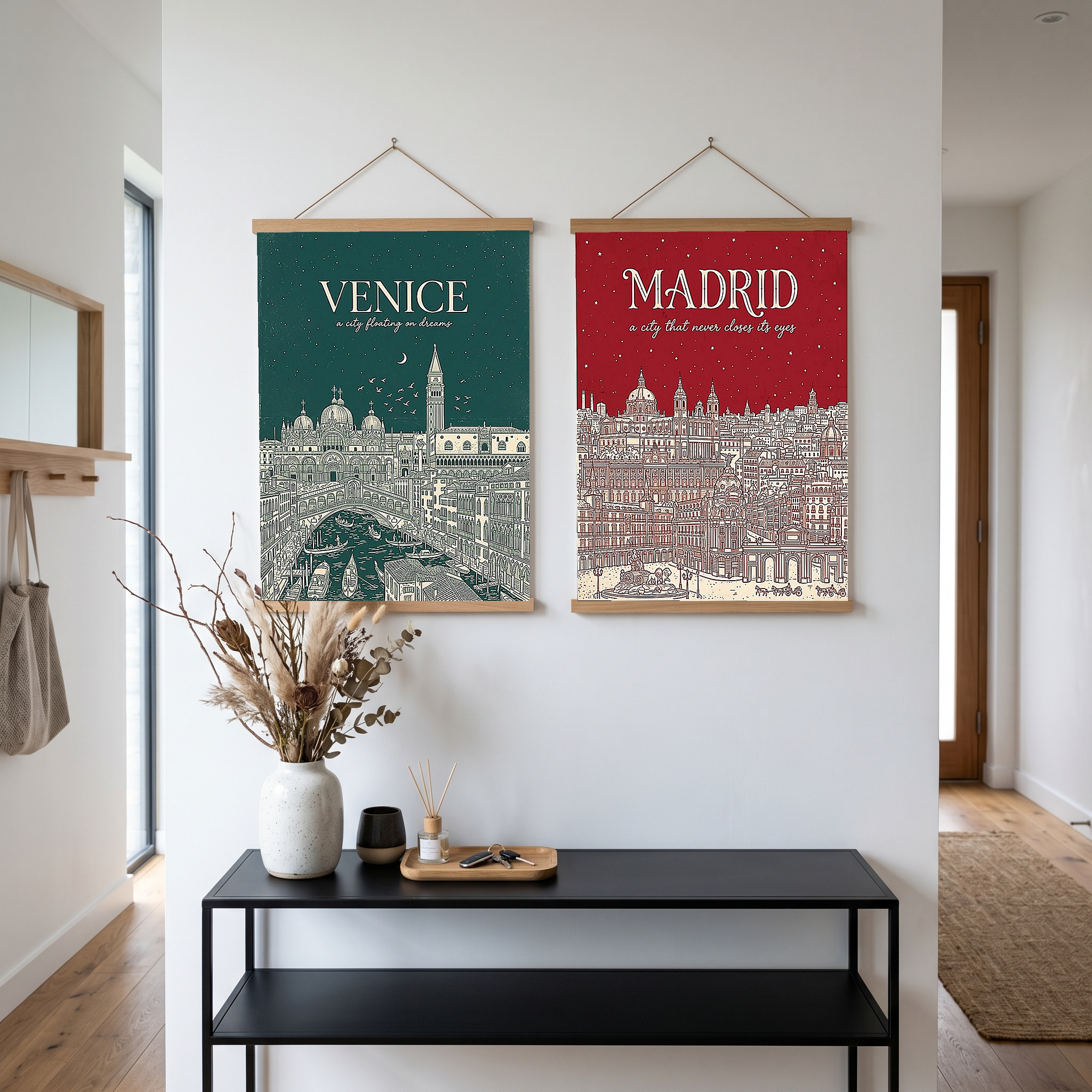 Venice Line Art Print — Forest Green St. Mark's Basilica Rialto Bridge Wall Art