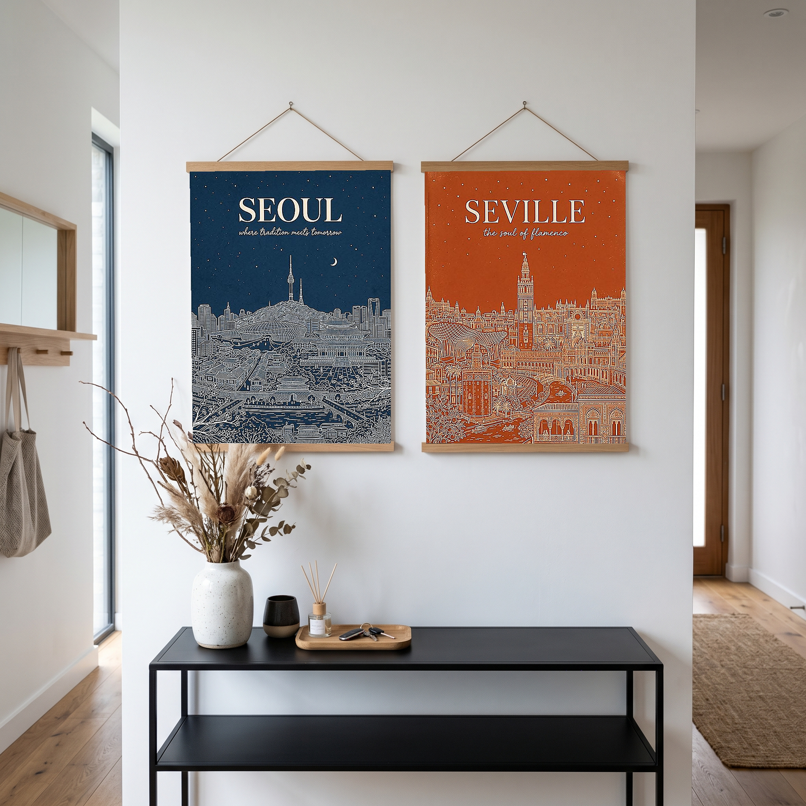 Seoul Line Art Print — Navy N Seoul Tower Gyeongbokgung Palace Skyline Wall Art