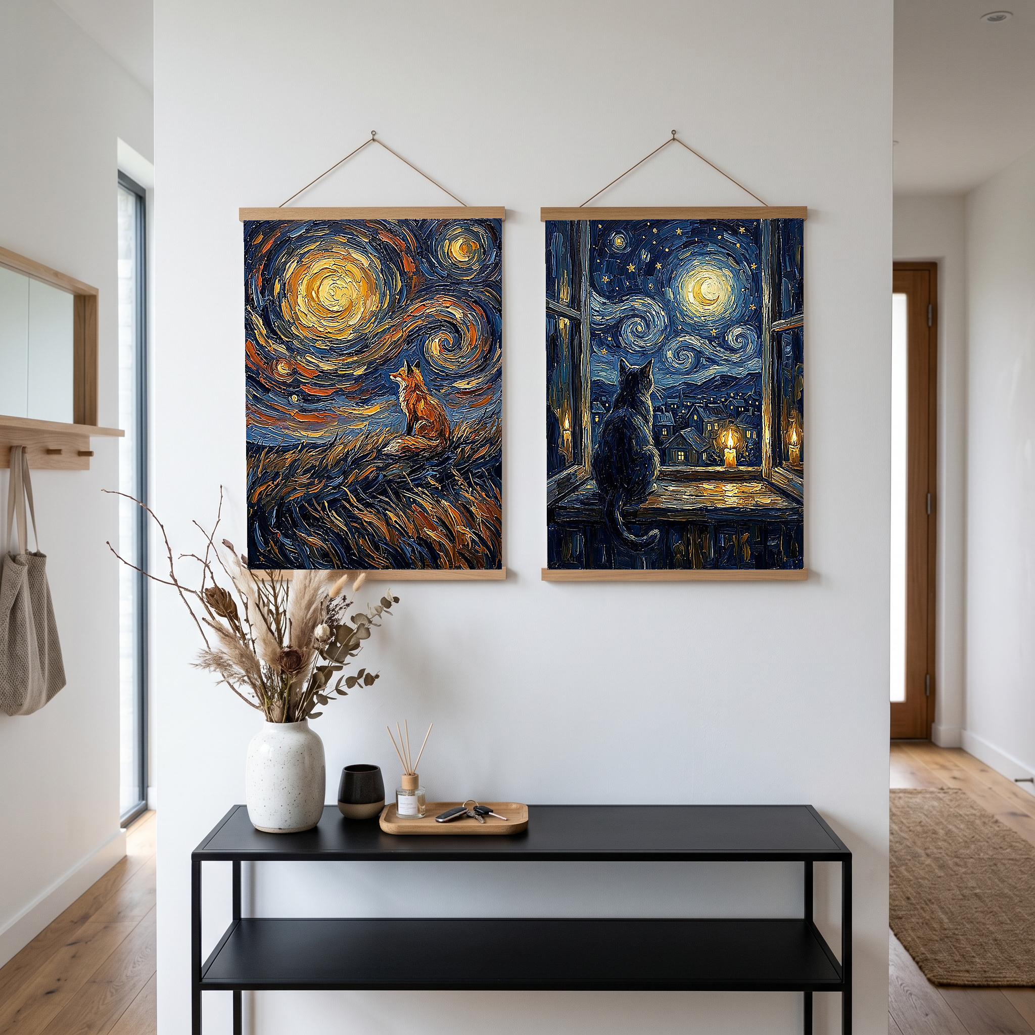 Lone Fox Starry Night Print — Van Gogh-Style Wildlife Hillside Wall Art