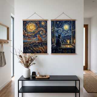Lone Fox Starry Night Print — Van Gogh-Style Wildlife Hillside Wall Art