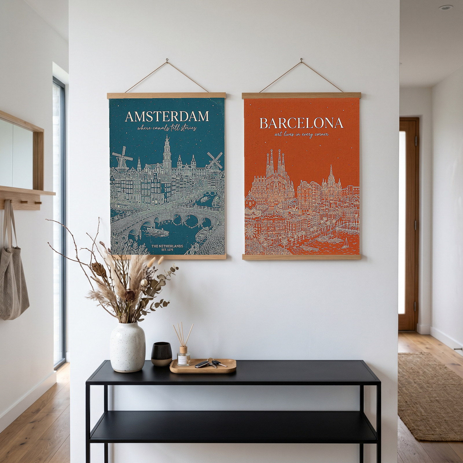 Amsterdam Line Art Print — Teal Canal Windmill Skyline Wall Art