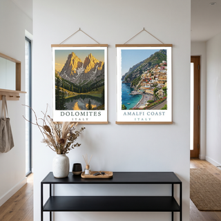 Dolomites Italy Travel Poster — Vintage Alpine Mountain Lake Print