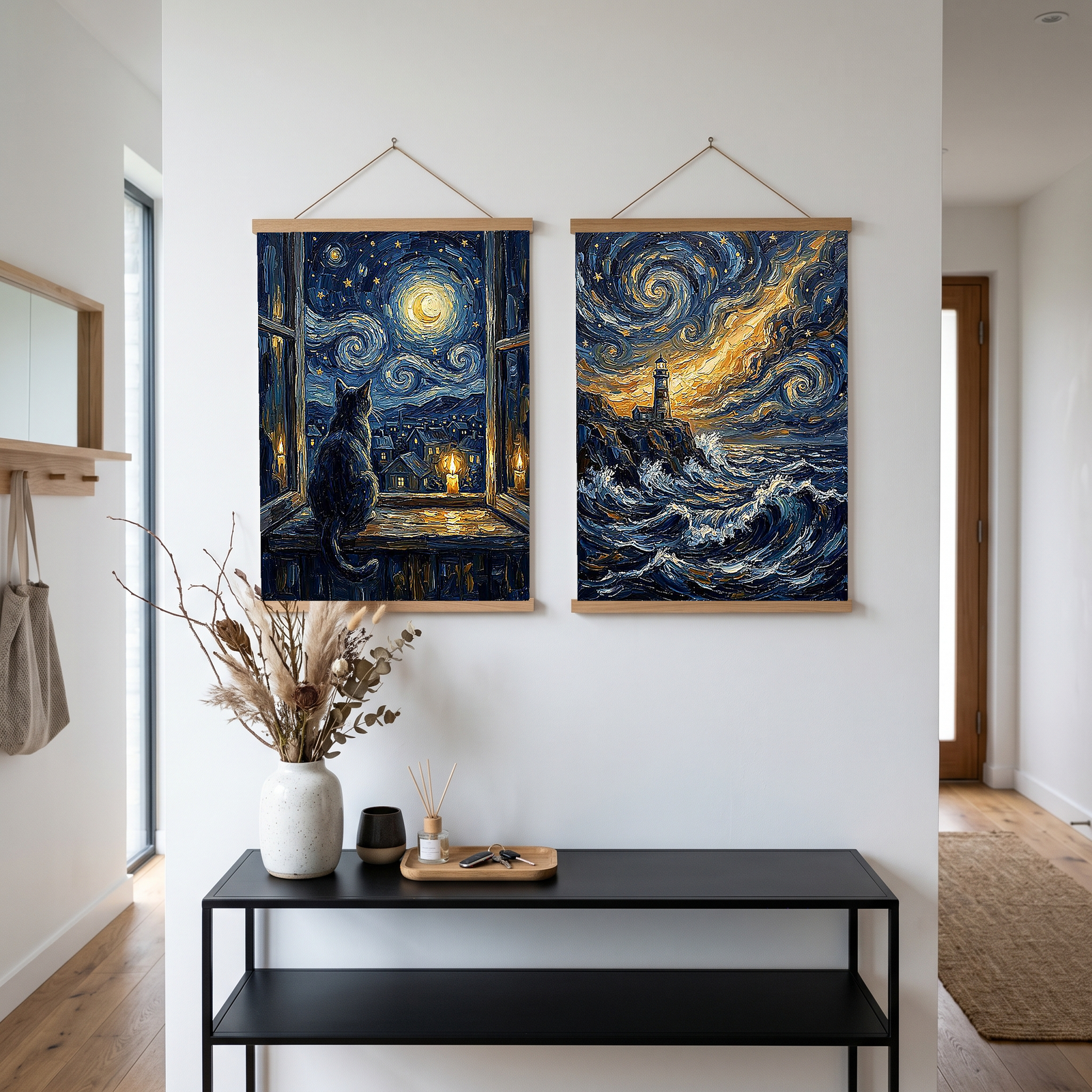Cat at Candlelit Window Print — Van Gogh Starry Night Village Wall Art