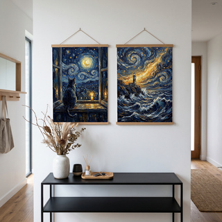 Cat at Candlelit Window Print — Van Gogh Starry Night Village Wall Art