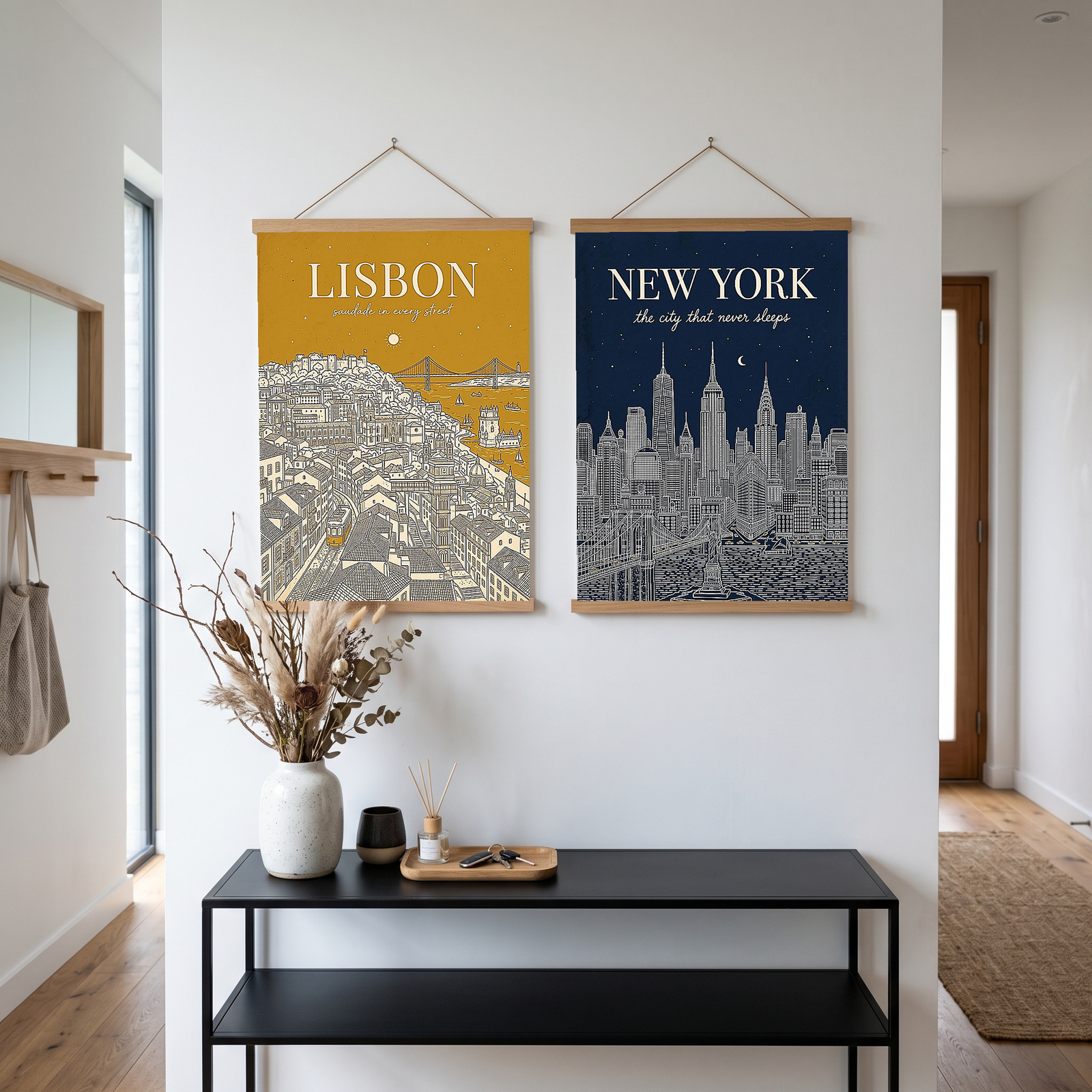 Lisbon Line Art Print — Mustard Yellow Tram Belém Tower Skyline Wall Art