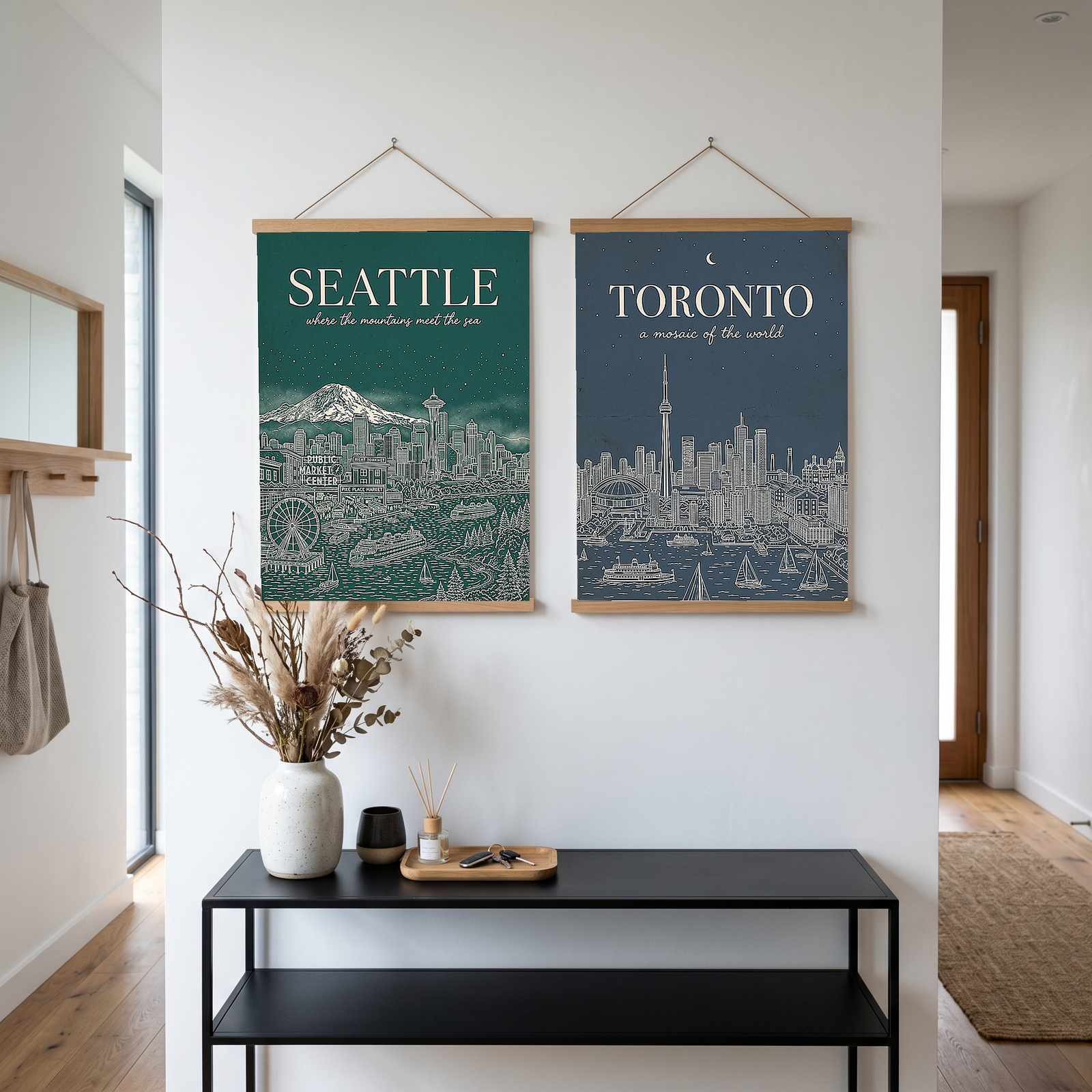 Seattle Line Art Travel Poster — Mount Rainier Cityscape Pacific Northwest Print