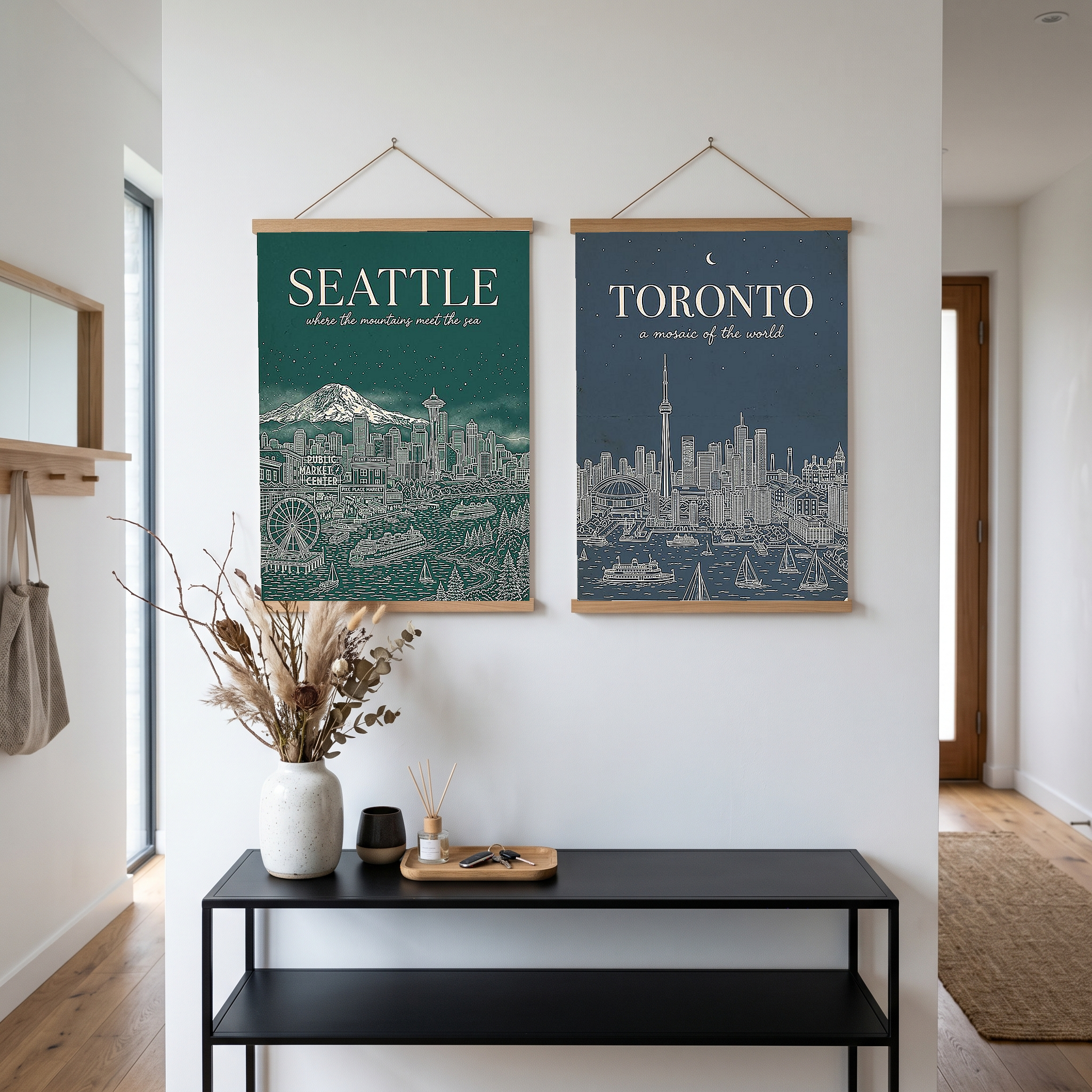 Seattle Line Art Travel Poster — Mount Rainier Cityscape Pacific Northwest Print