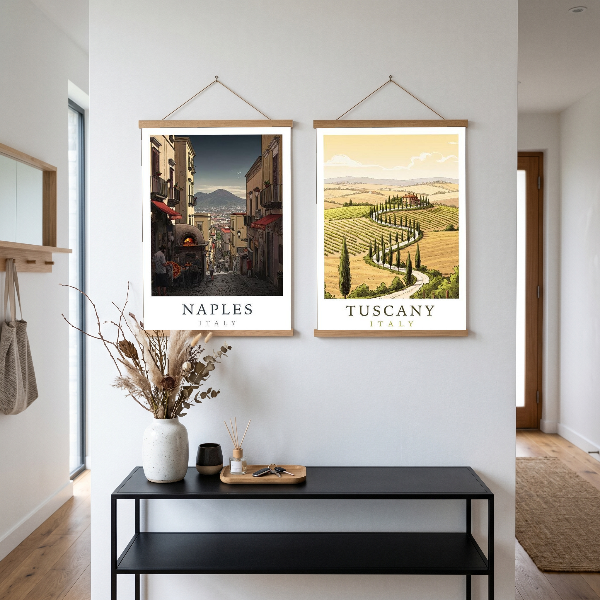 Naples Italy Travel Poster — Vesuvius Pizza Street Scene Print