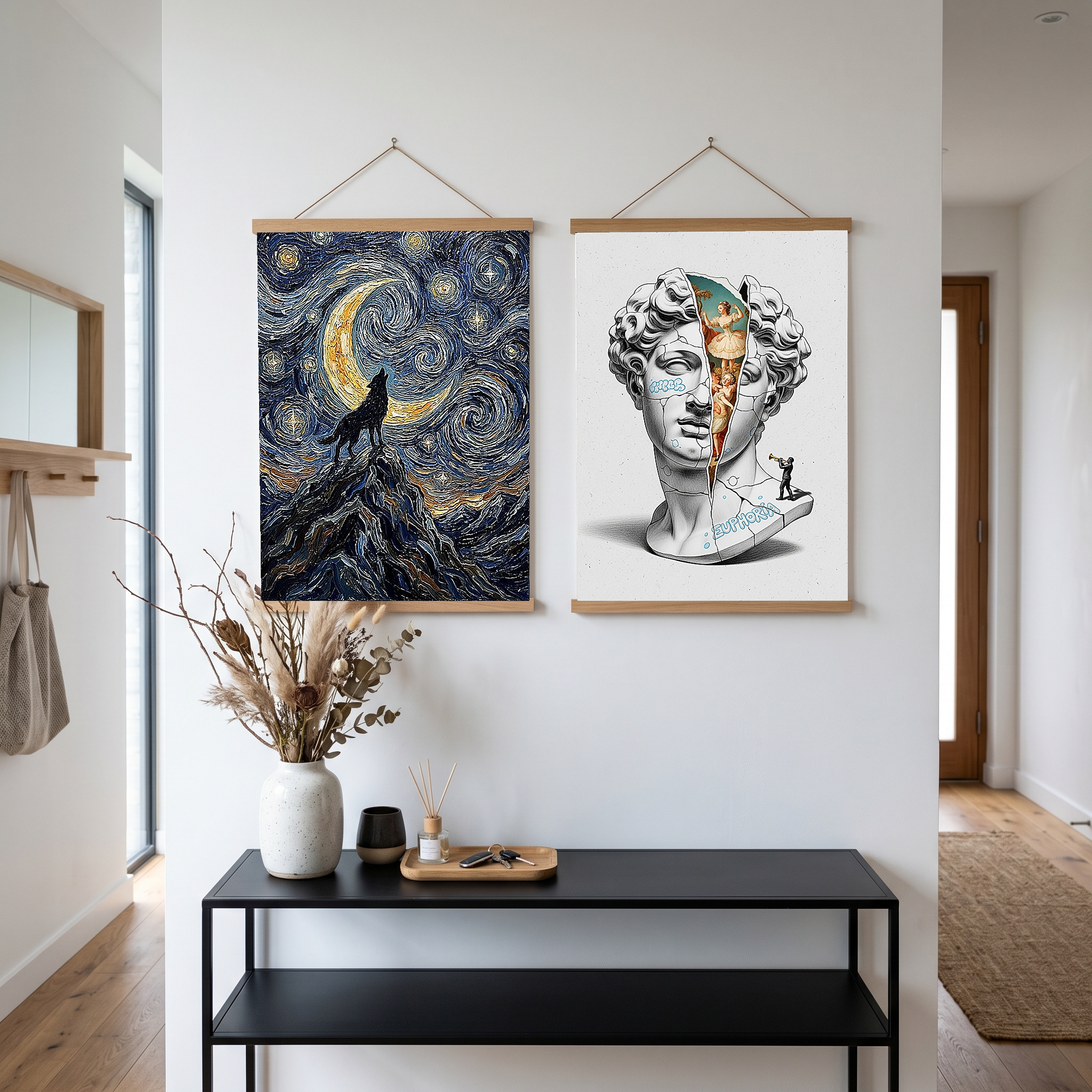 Black Wolf Howling Crescent Moon Print — Van Gogh-Style Mountain Wall Art